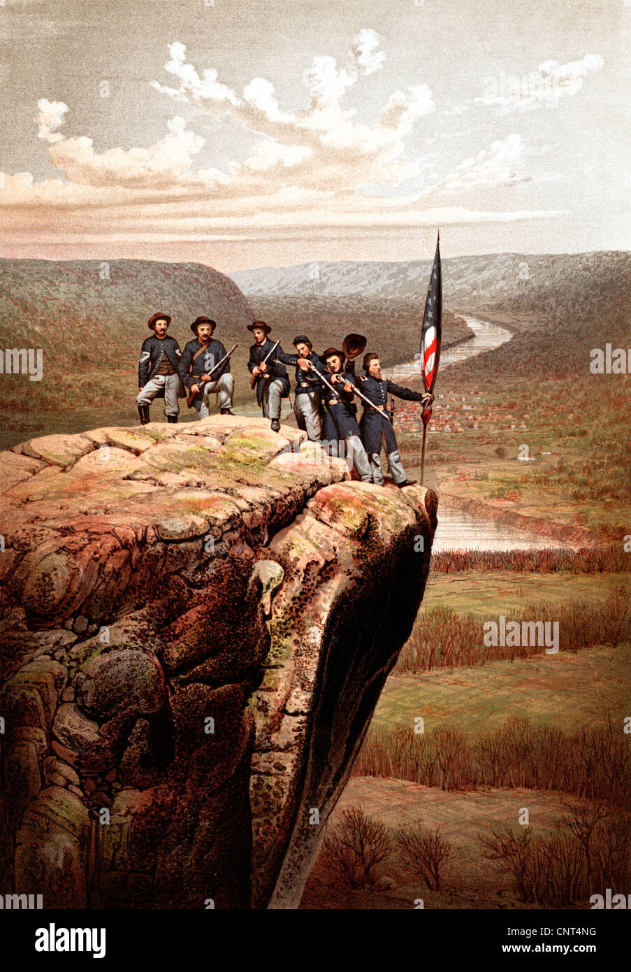 Vintage Civil War print of Union soldiers posing and holding the American flag, on the summit of Lookout Mountain. Stock Photo