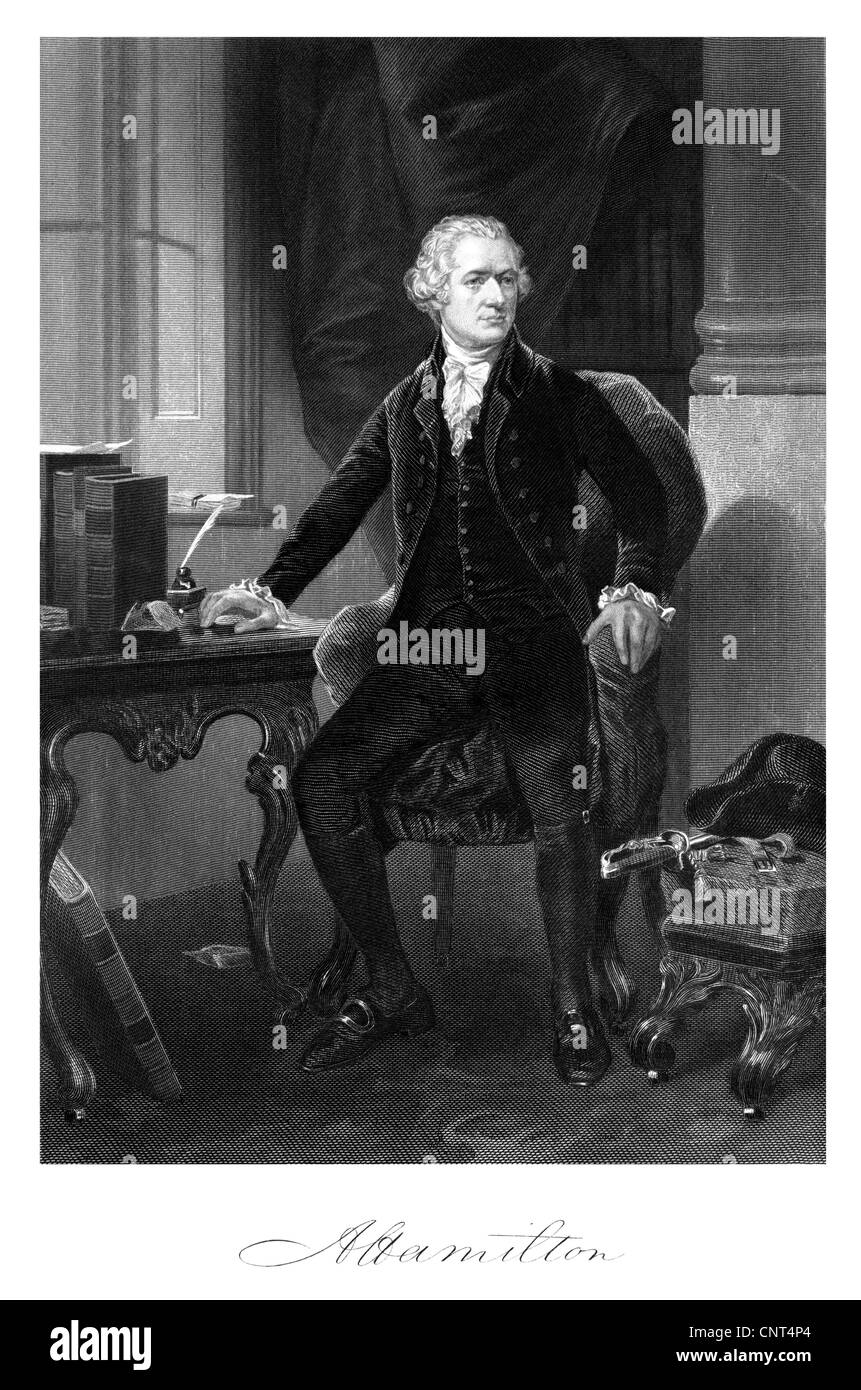 Vintage American History print of Alexander Hamilton sitting at his desk,with signature at bottom. Stock Photo