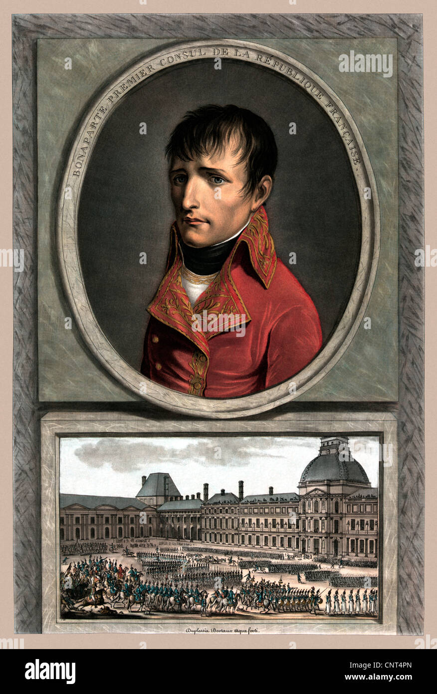 Vintage military portrait of Napoleon Bonaparte above a picture of a troop review. Stock Photo