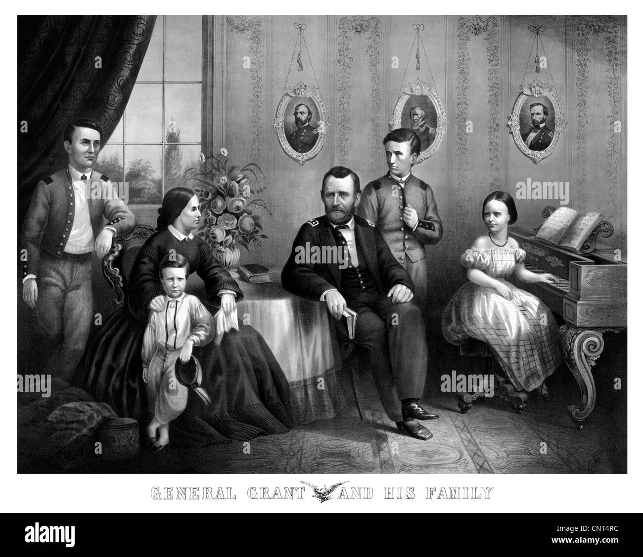 Vintage Civil War print of General Ulysses S. Grant and his family posing at home. Stock Photo