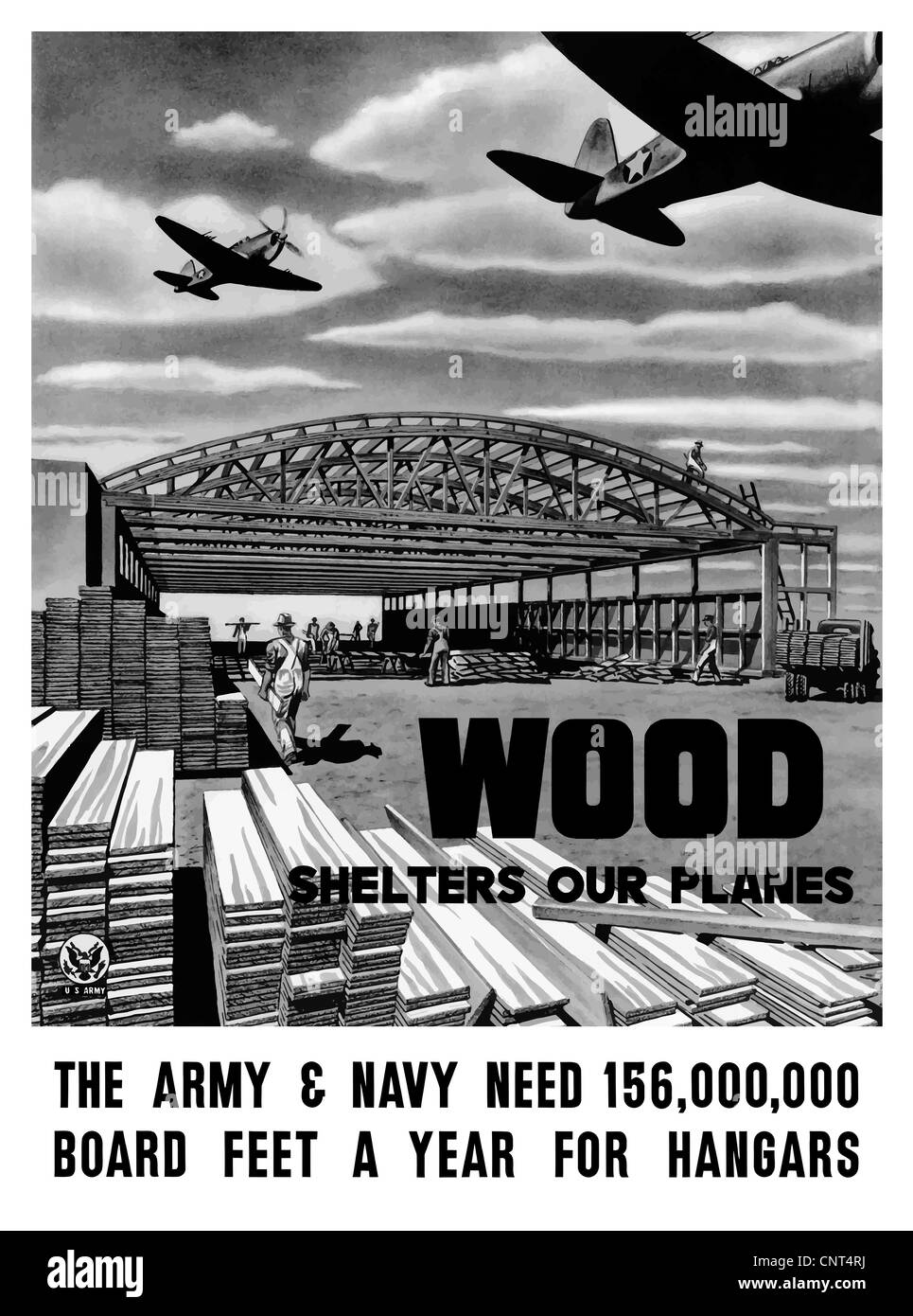 Vintage World War II poster of an aircraft hangar being built as planes fly overhead. Stock Photo