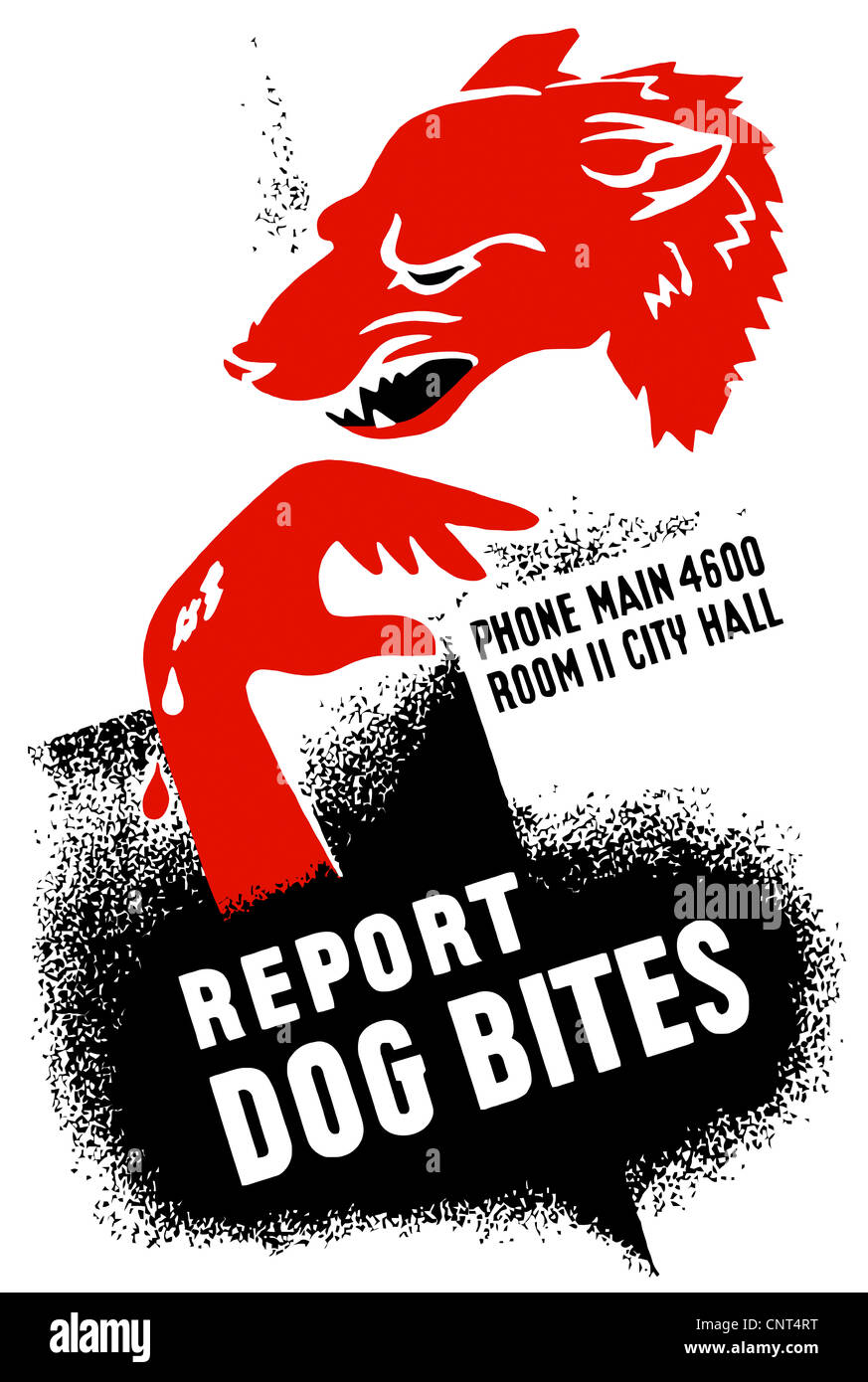 Vintage WPA poster of a growling dog and a bleeding hand. It reads, Report Dog Bites, Phone Main 4600 Room II City Hall. Stock Photo