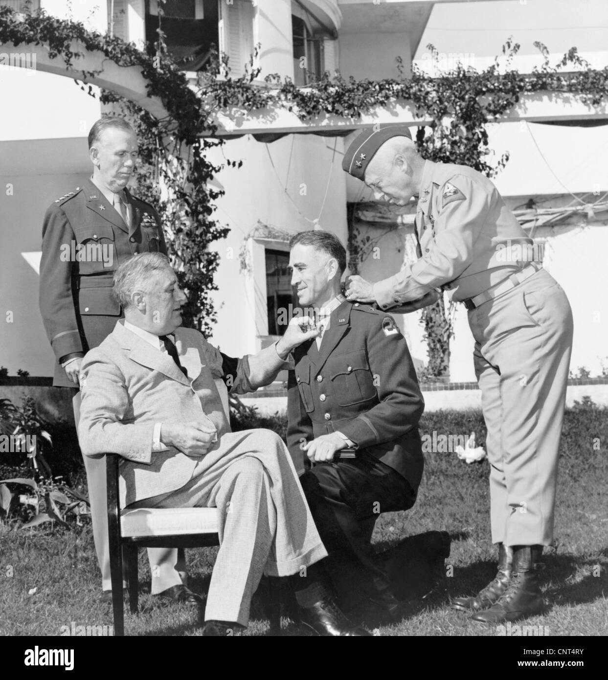 Vintage World War II photo of President Franklin Delano Roosevelt presenting the Medal of Honor, to General William Wilbur, Stock Photo