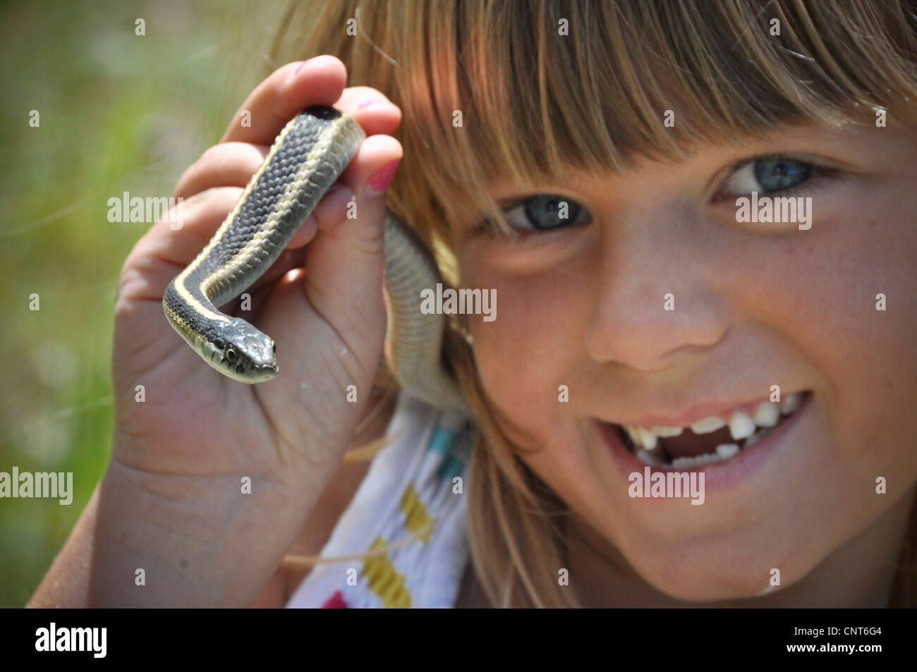young girl garter snake smile happy wildlife reptile animal youth female Stock Photo