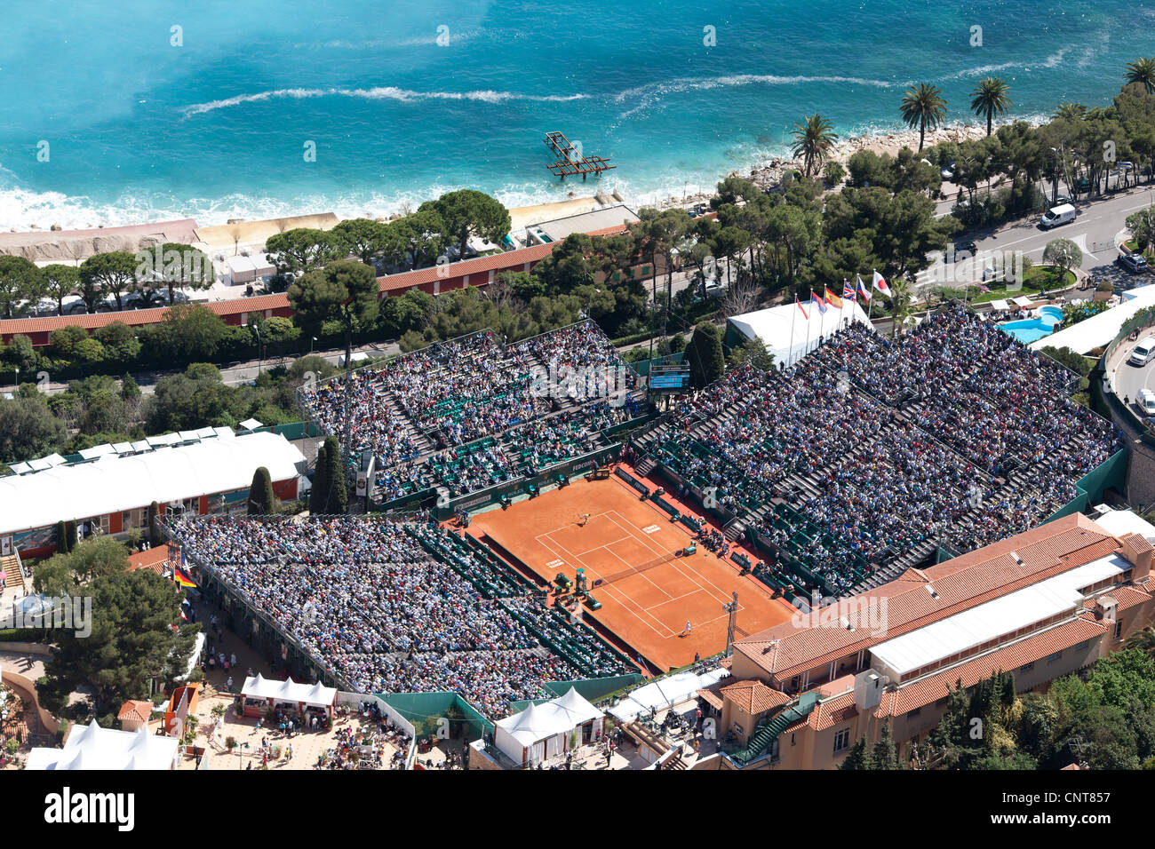 Monte-Carlo Rolex Masters in 2012. Quarter-finals: Djokovic VS Haase. This event actually takes place in Roquebrune-Cap-Martin, France. Stock Photo