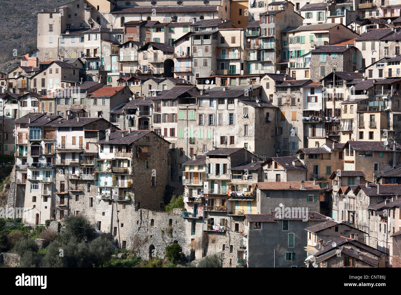 Perched medieval village on the French Riviera's backcountry, Saorge, Roya Valley, France. Stock Photo
