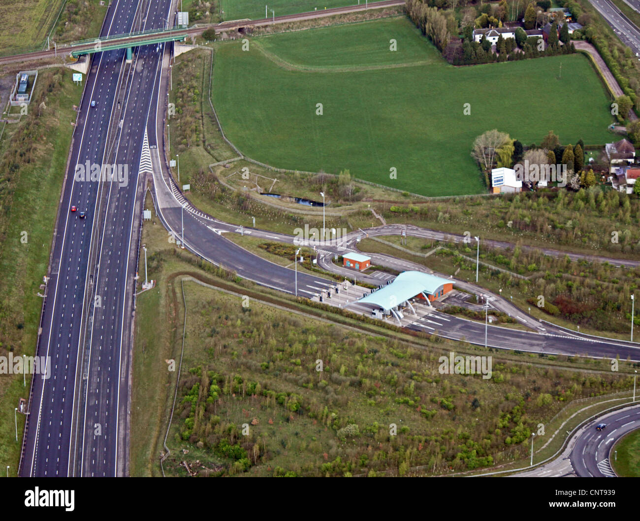 aerial view of toll booths on the M6 Toll road motorway Stock Photo