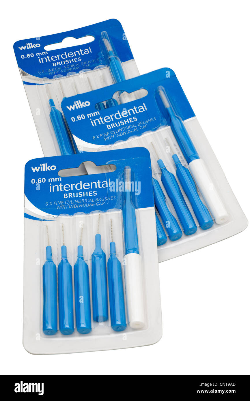Three packets of Wilko interdental tooth brushes Stock Photo