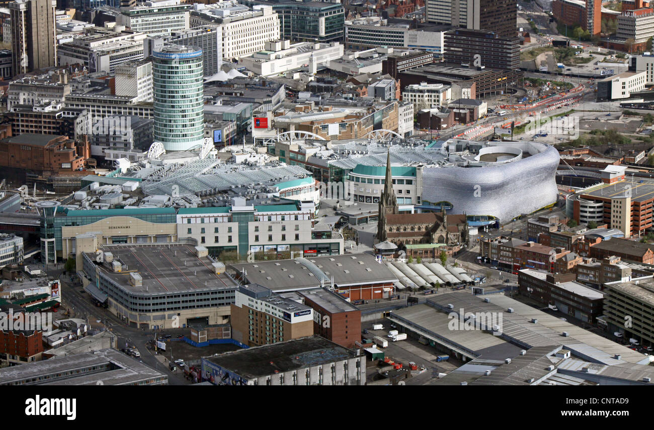 Aerial view of Birmingham City Centre skyline including The Bull Ring, Selfridges and St. Martin in the Bull Ring Church Stock Photo
