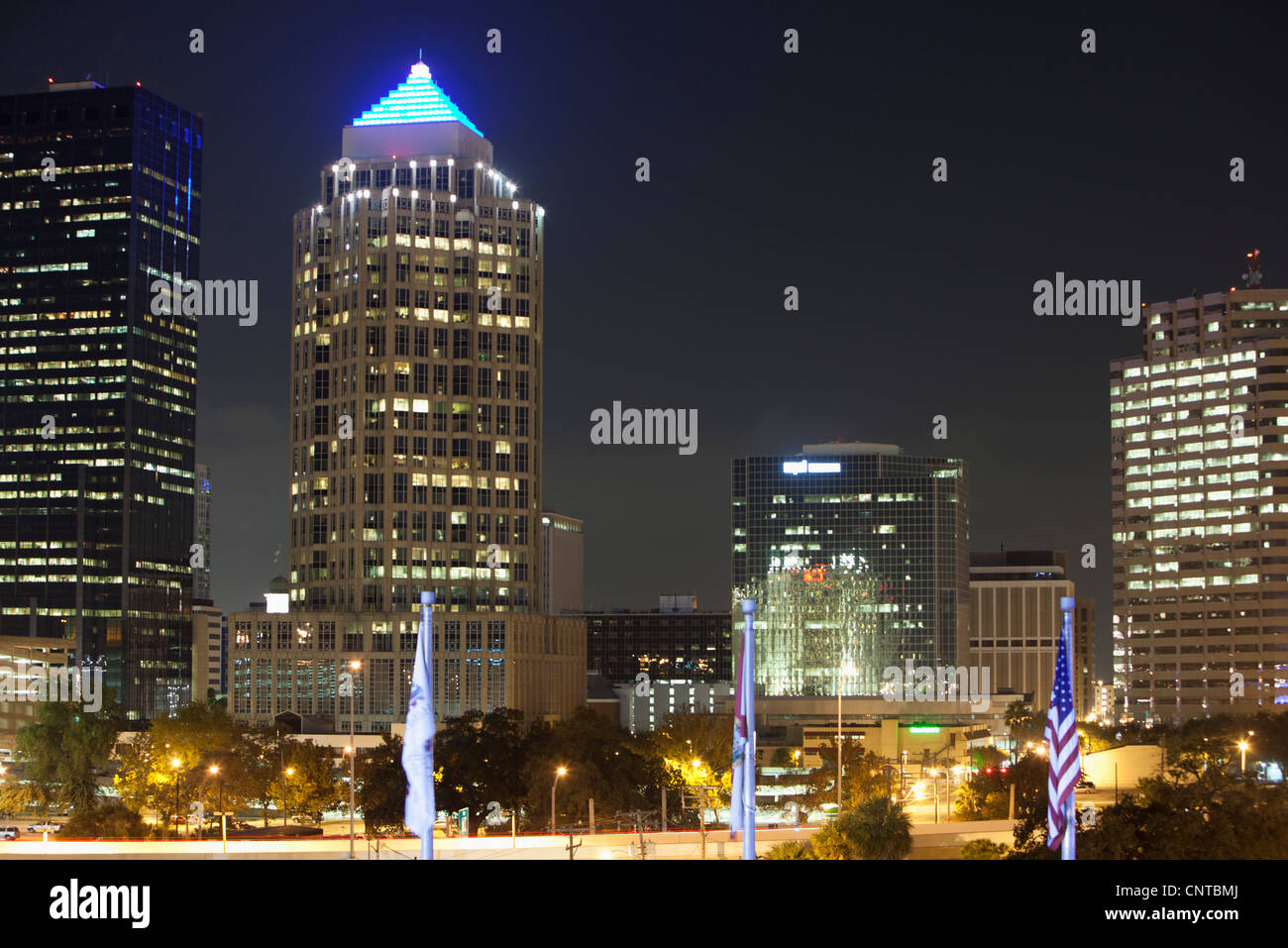 Illuminated office buildings at night Stock Photo
