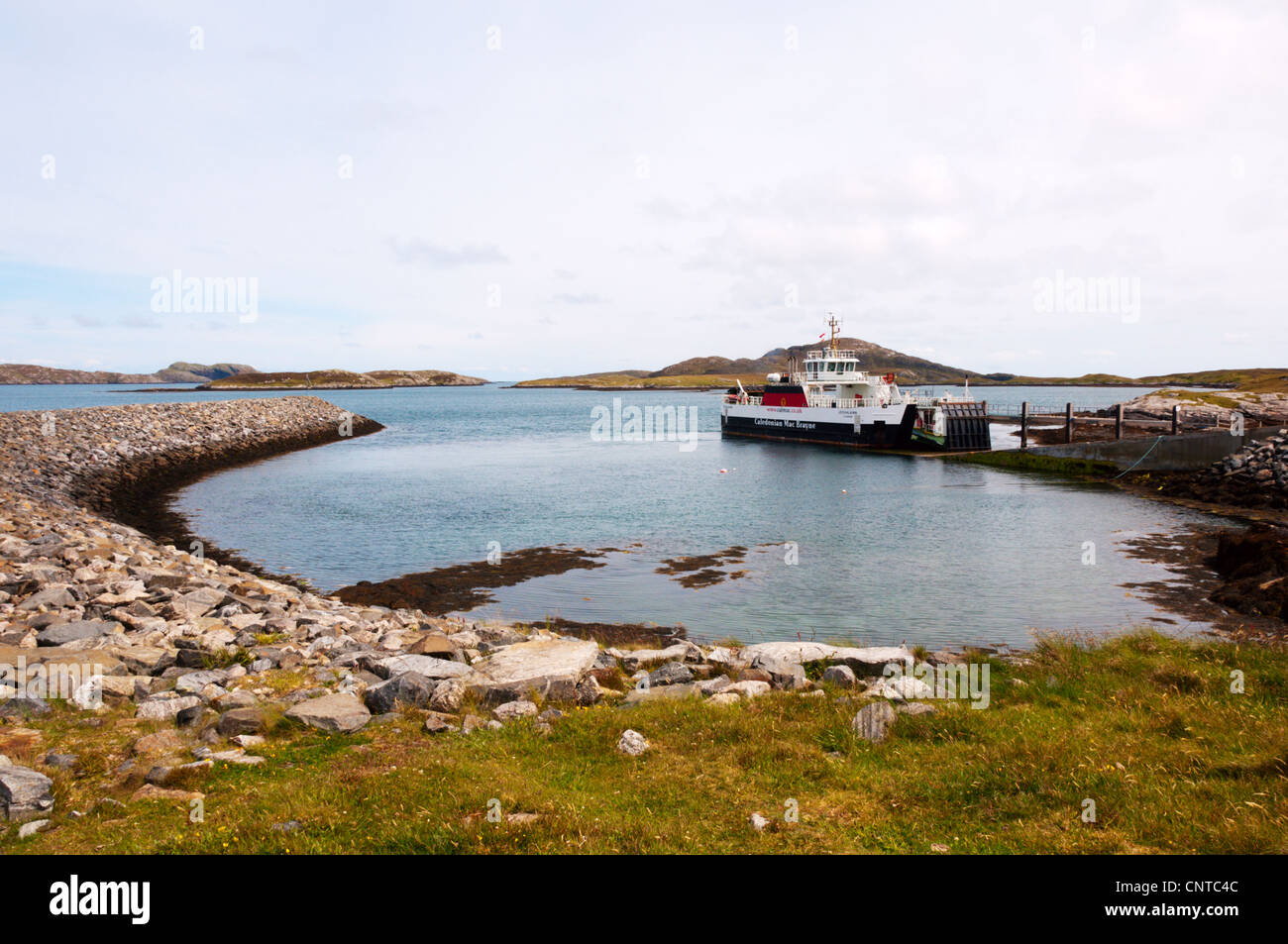 The Caledonian MacBrayne ferry, MV Loch Alainn, at the Àird Mhòr slipway on the island of Barra in the Outer Hebrides. Stock Photo