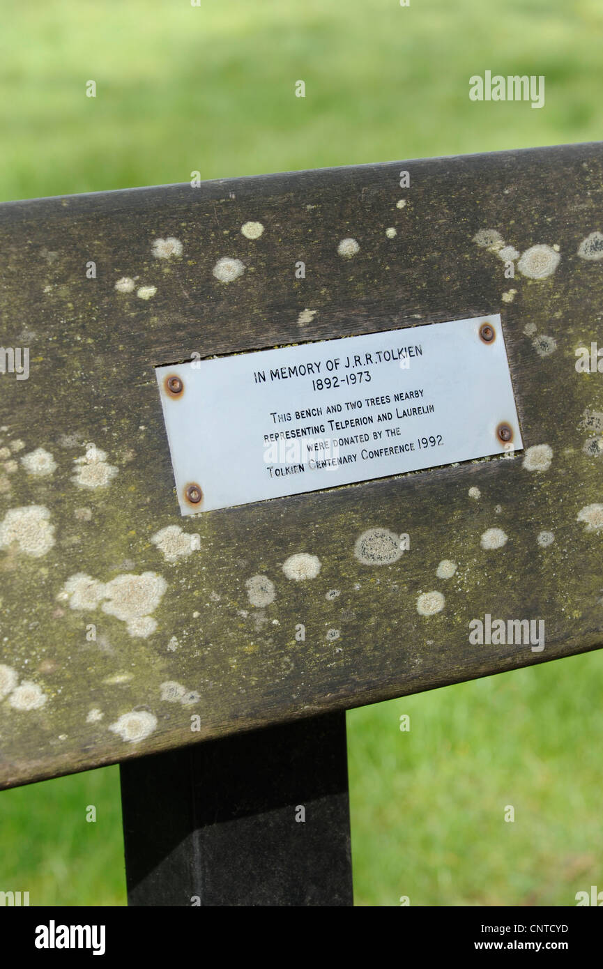 JRR Tolkien. Plaque on memorial bench in University Parks Oxford Stock Photo