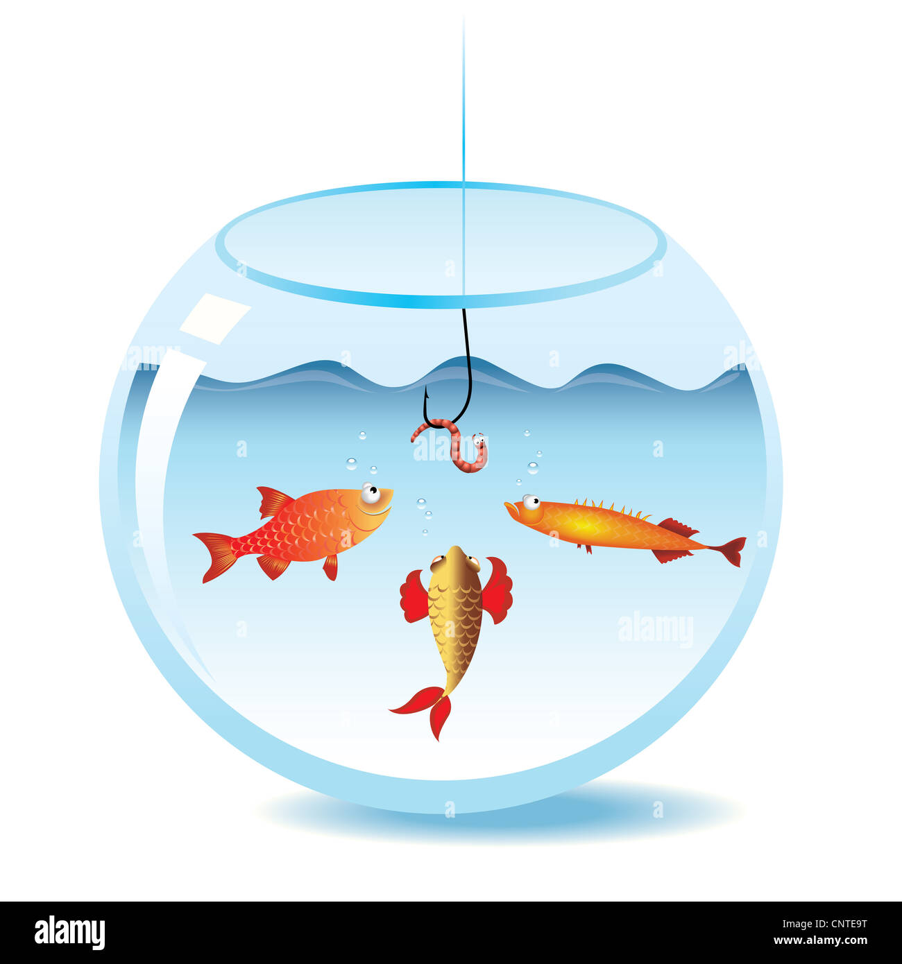 Fishing in fishbowl. Fish looking at worm on fishhook Stock Photo Alamy