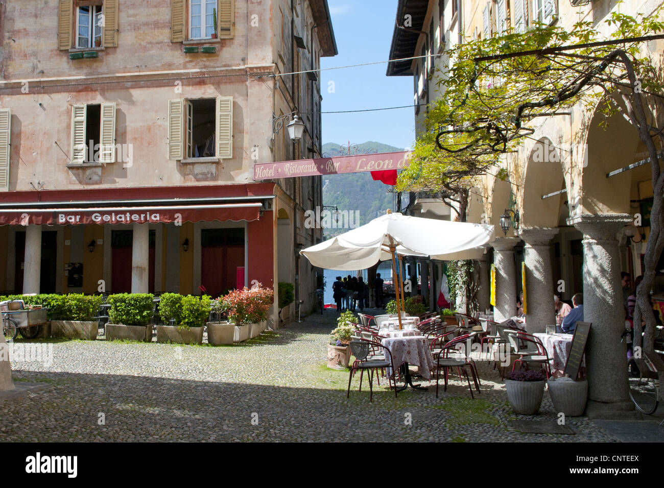 restaurant overlooking the lake Orta, Piedmount, Italy Stock Photo