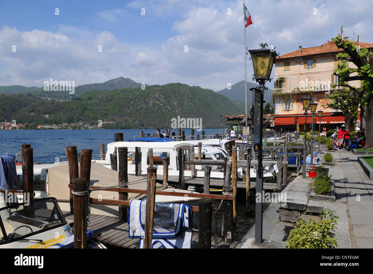 restaurant overlooking the lake Orta San Giulio, Italy Stock Photo