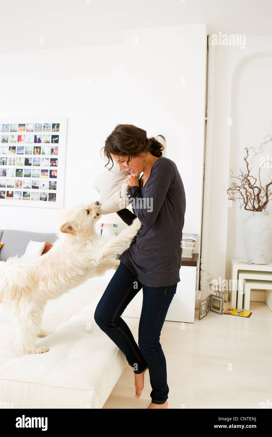 Woman playing with dog in living room Stock Photo