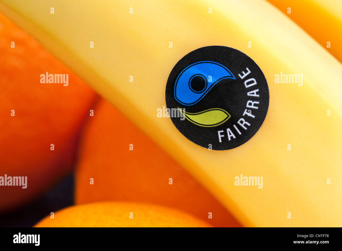 fairtrade logo on banana fruit sticker Stock Photo
