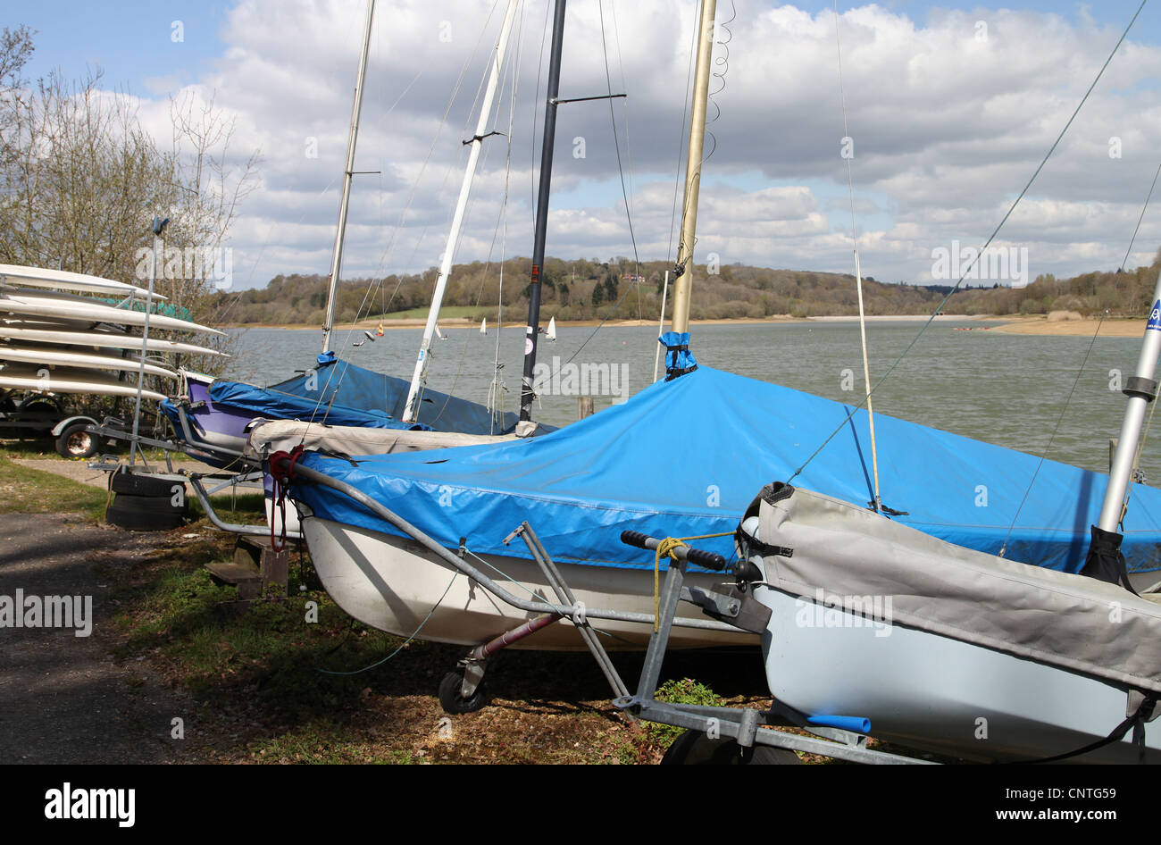 Sailing boats alongside Ardingly Reservoir in West Sussex Stock Photo