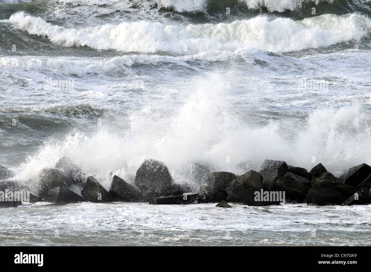 wave-breaker in the stormy Baltic Sea, Germany, Mecklenburg Vorpommern Stock Photo