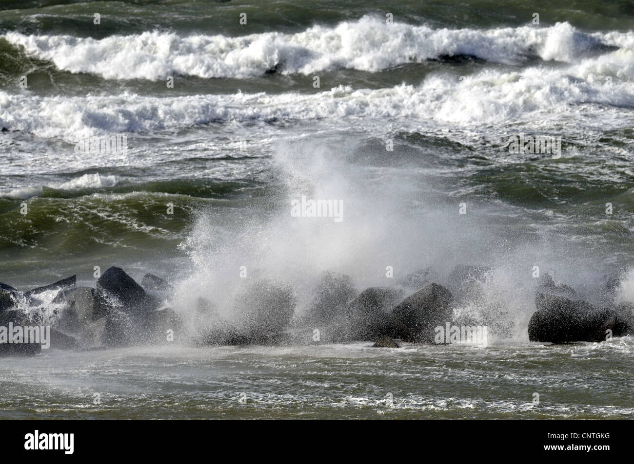 wave-breaker in the stormy Baltic Sea, Germany, Mecklenburg Vorpommern Stock Photo