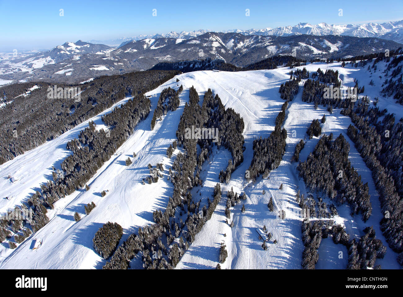 East slope of Gruenten with ski slopes and cable lift, Germany, Bavaria, Allgaeu Stock Photo