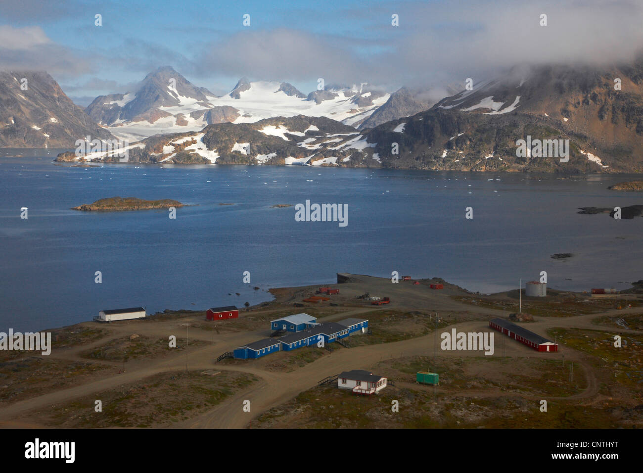 buildings next airport and view to coast area, Greenland, Kulusuk, Tunu, Tasiilaq Stock Photo