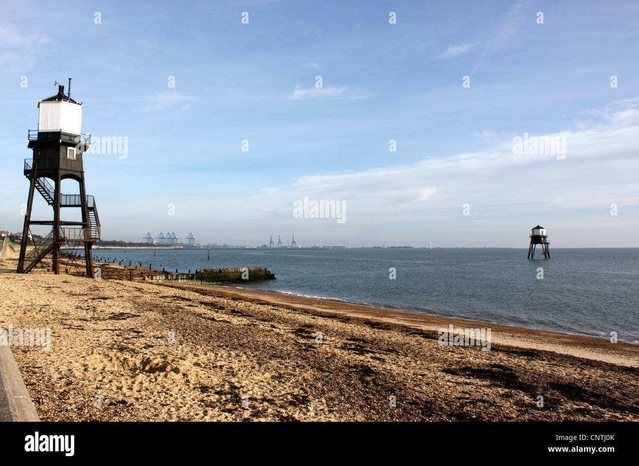 VICTORIAN HIGHER AND LOWER LIGHTHOUSES AT DOVERCOURT ON THE EAST ESSEX COAST OF THE UK. Stock Photo