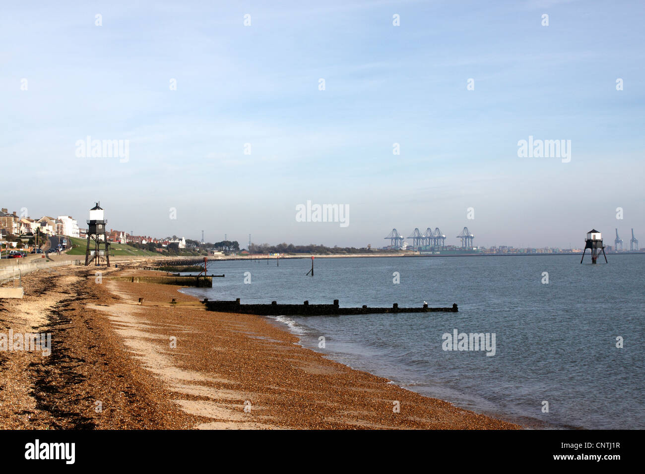 THE VICTORIAN LIGHTHOUSES AND BEACH AT DOVERCOURT. ESSEX UK. Stock Photo