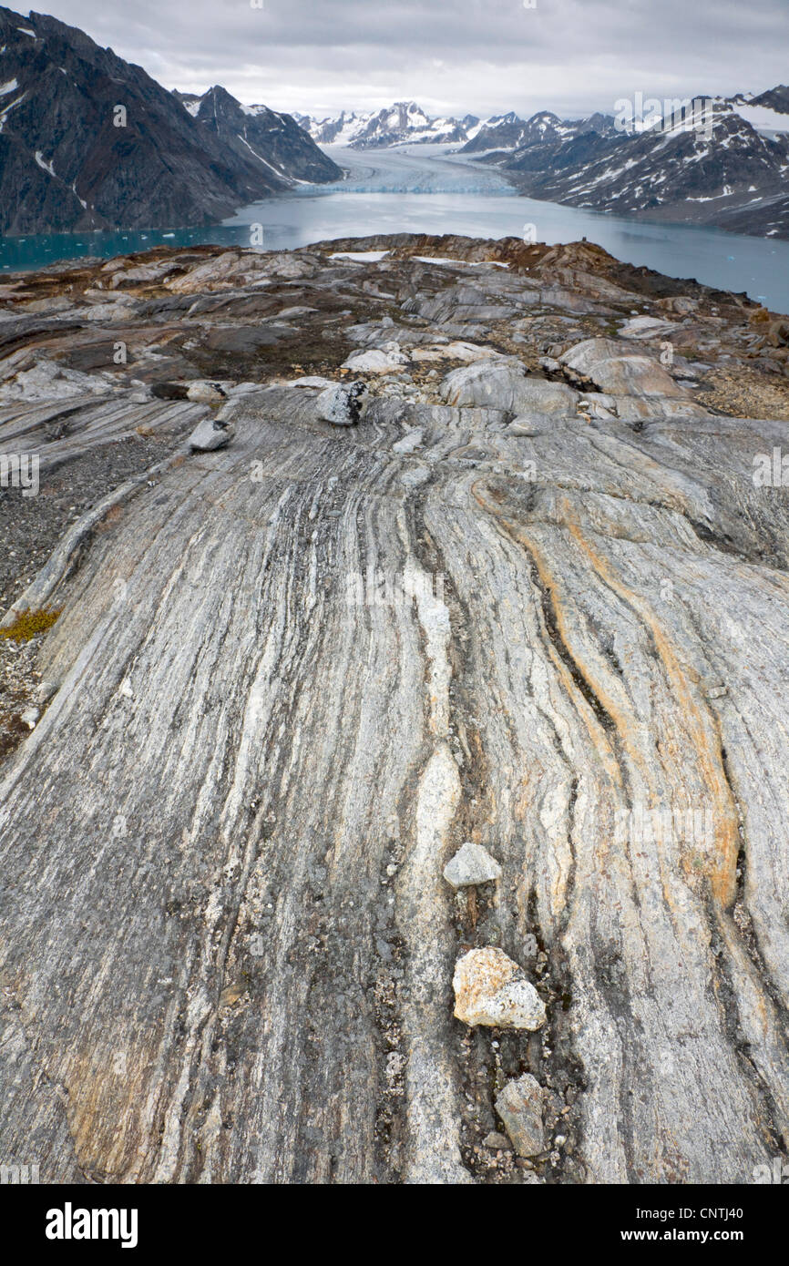 view to Sermiligaq Fjord and Knud Rasmussen Glacier, abrasion in rock, Greenland, Ammassalik, East Greenland, Sermiligaq Stock Photo