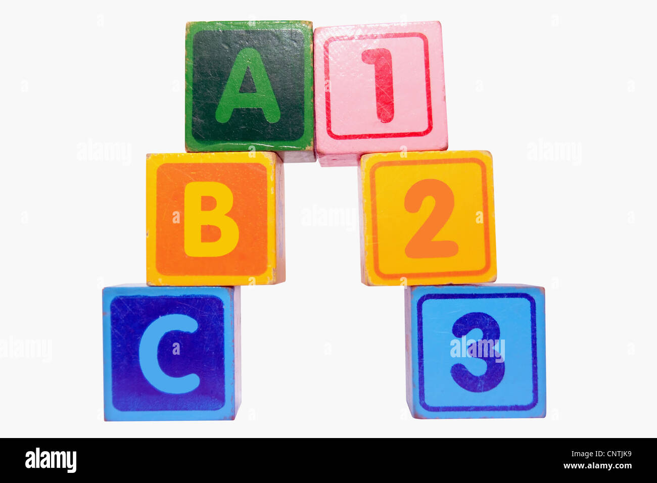 toy letter and number blocks against a white background that spell abc
