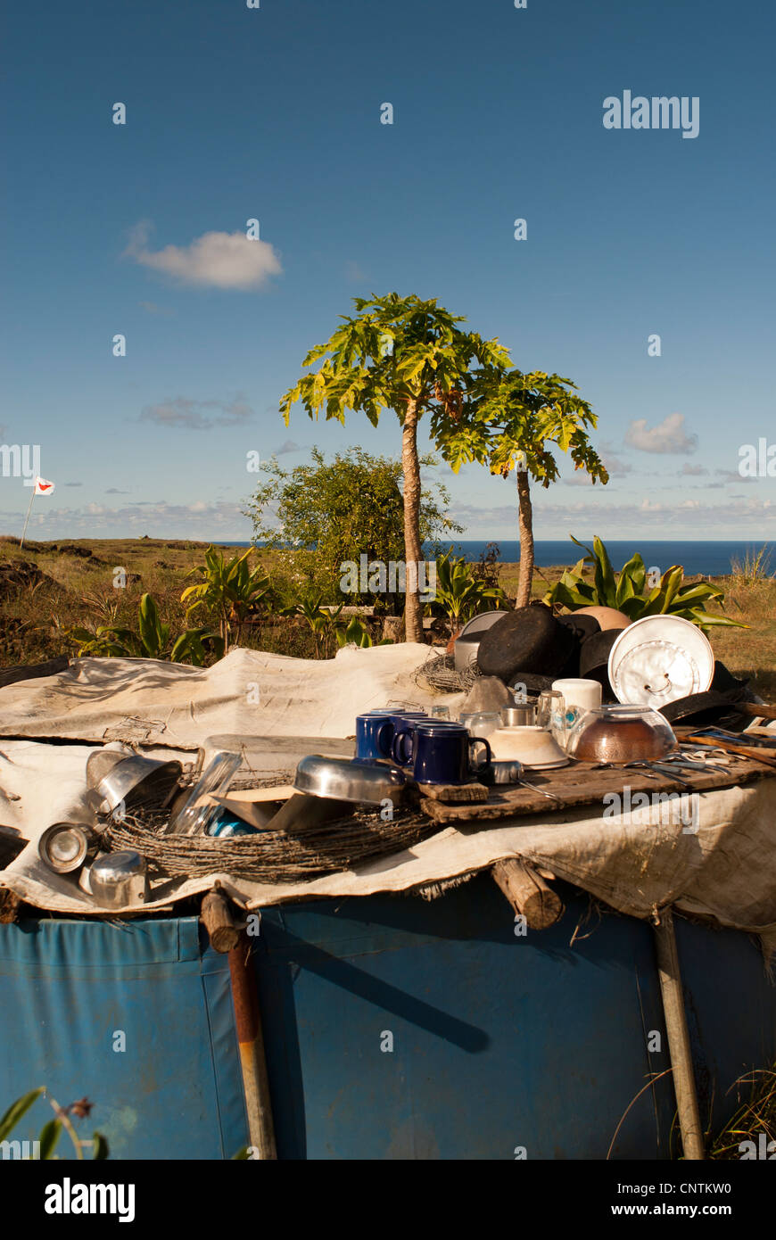 Water basin with kitchen utensils Easter Island Stock Photo Alamy