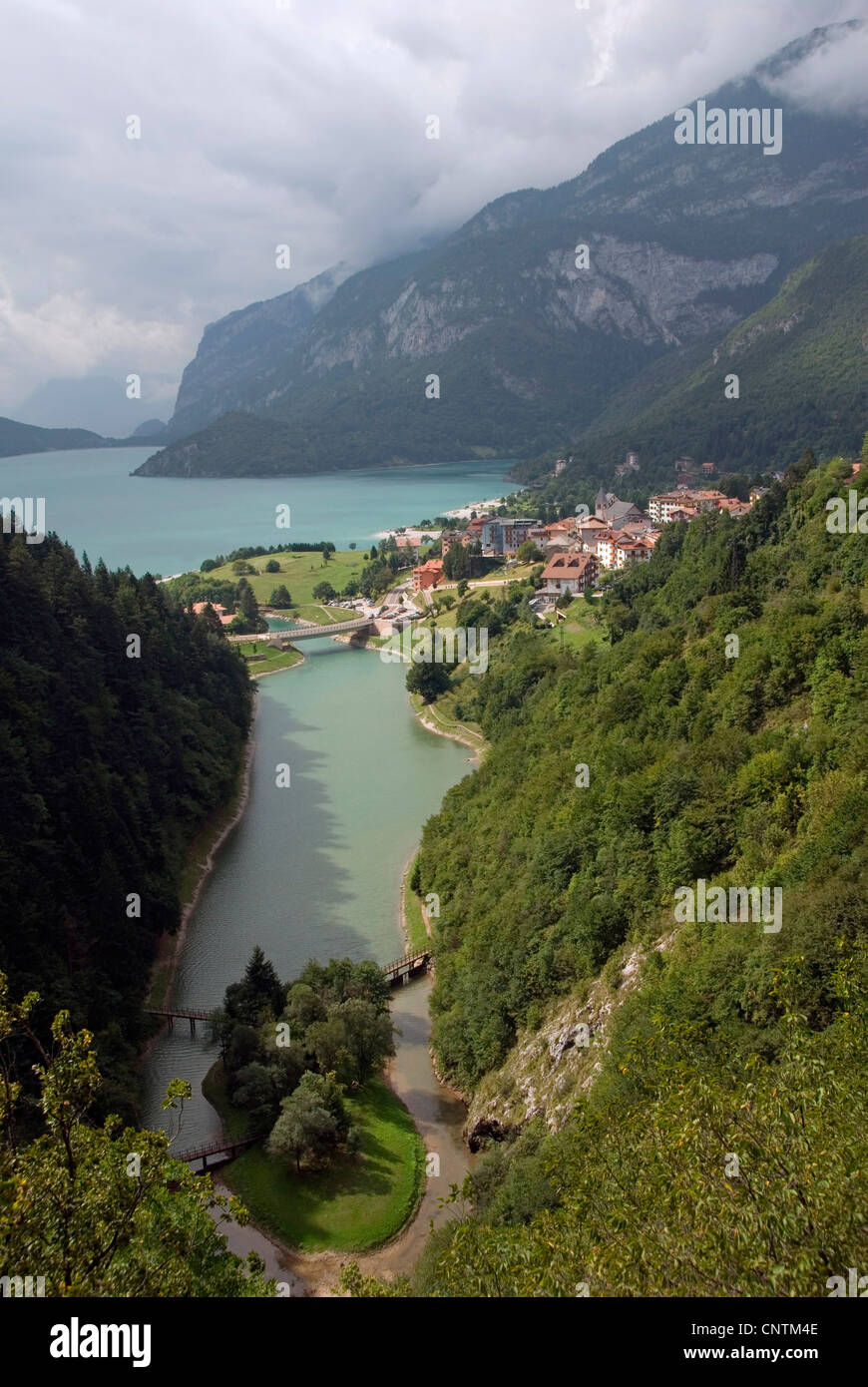lake Lago di Molveno in the mountains, Gruppo di Brenta, Italy, South Tyrol, Molveno Stock Photo