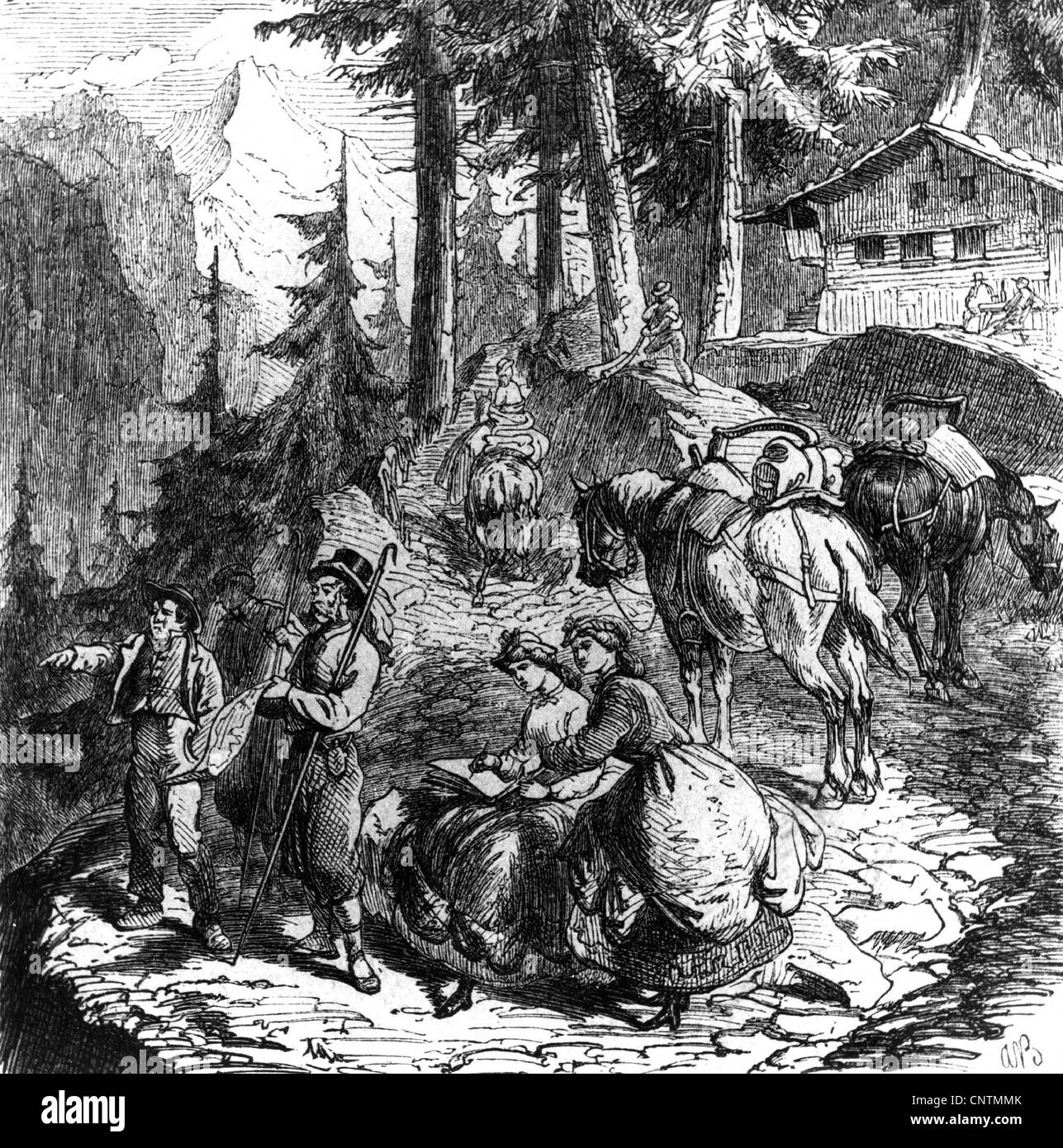 tourism, tourists into Alps, wood engraving, 19th century, historic, historical, holiday, vacation, holidays, mountain, mountains, mountaineering, cabin, hut, huts, mountain trail, mountain path, mountain track, people, Additional-Rights-Clearences-Not Available Stock Photo