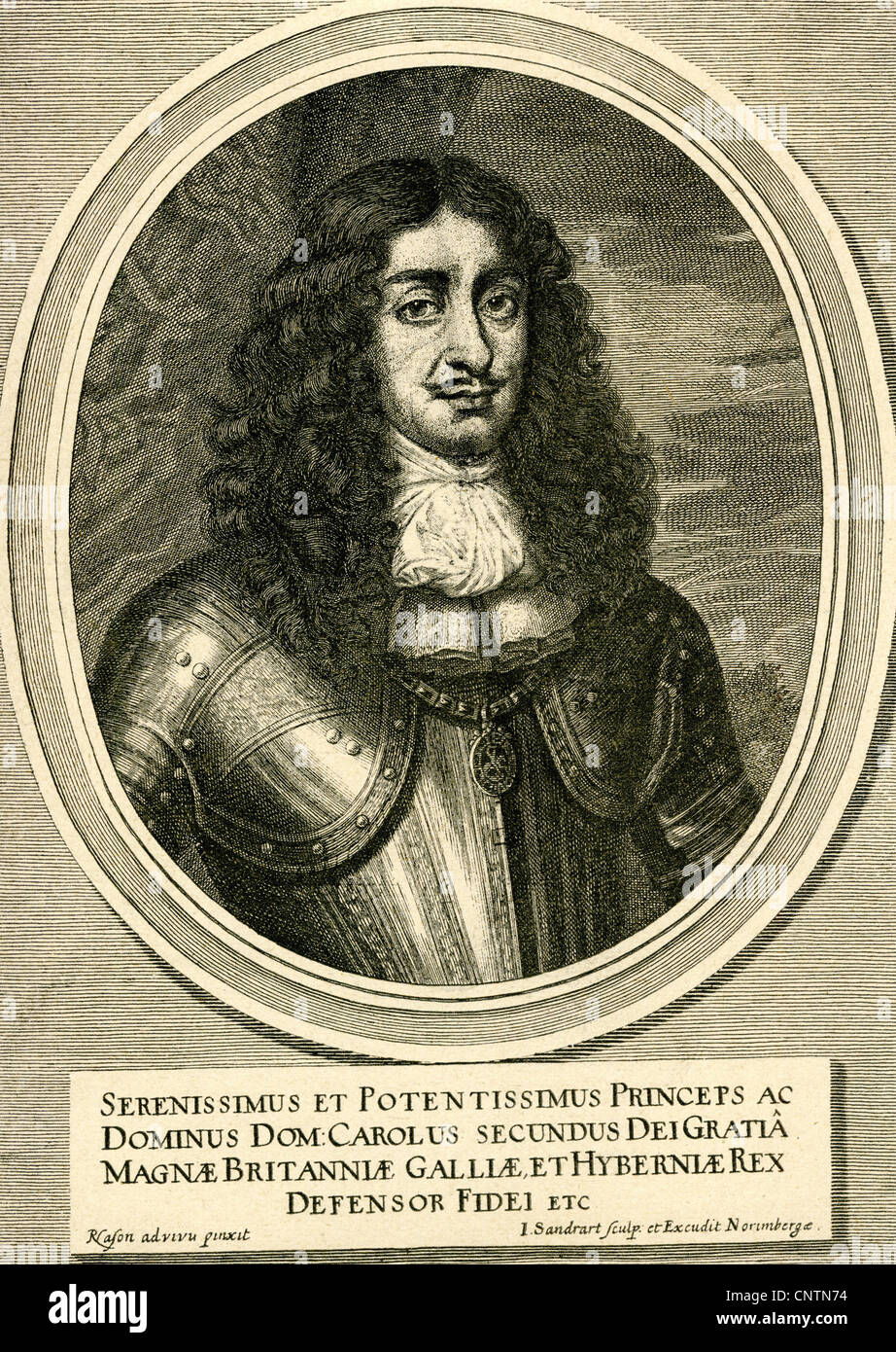 Charles II, 29.5.1630 - 6.2.1685, King of England 29.5.1660 - 29.5.1685, portrait, copper engraving by J. Sandrart, 17th century, , Artist's Copyright has not to be cleared Stock Photo