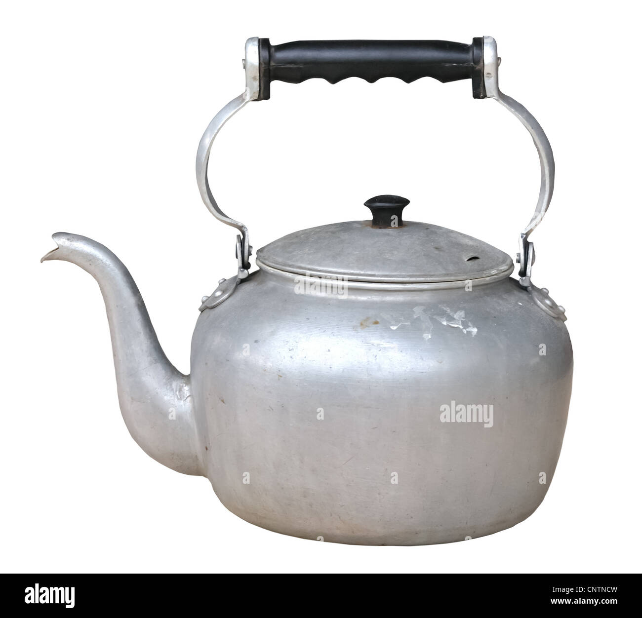 Old dirty classic kettle on white background Stock Photo