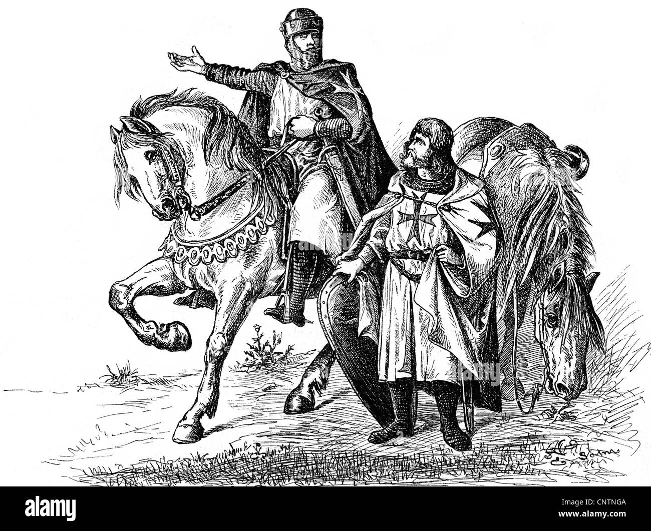 Middle Ages, knights, knight's orders, a member of the Order of Saint John (Bailiwick of Brandenburg) and a Knights Templar, wood engraving, 19th century, order of knights, knight order, order of knighthood, military, soldiers, soldier, sacred, spiritual, ecclesiastic, religious, cross, crosses, horse, horses, knight's armour, knight's armor, Order of the Knights Templar (Pauperes commilitones Christi templique salomonis), Poor Fellow-Soldiers of Christ and of the Temple of Solomon, Knight Hospitaller, historic, historical, medieval, NOT, people, Additional-Rights-Clearences-Not Available Stock Photo