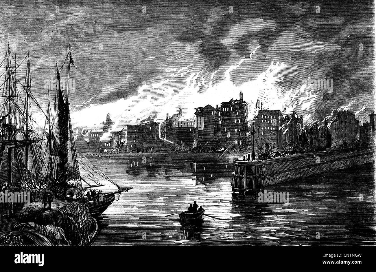 fire, fires, Great Chicago Fire, 8.- 10.10.1871, fire at the coast of Lake Michigan, wood engraving, 'Das Buch fuer Alle', Stuttgart, Germany, 1872, Additional-Rights-Clearences-Not Available Stock Photo