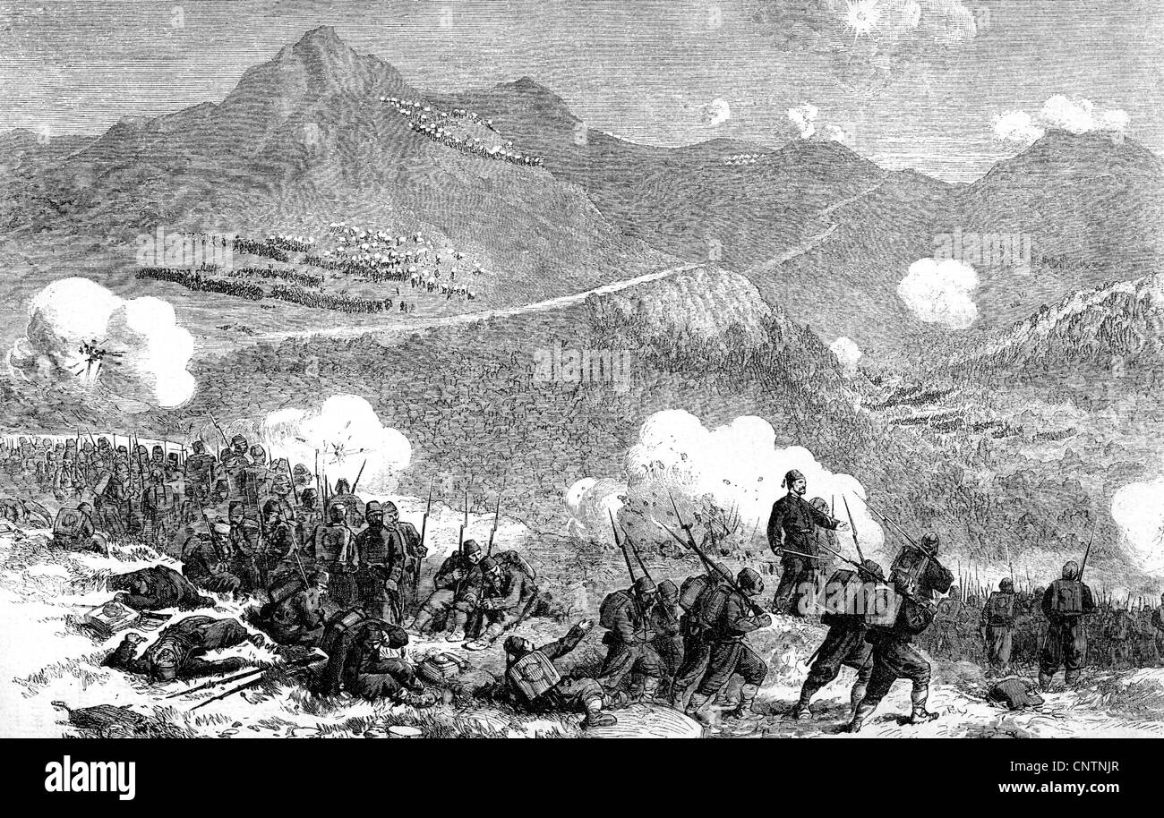 events, Russo-Turkish War, 1877 - 1878, Turkish troops attack Russian positions at the Shipka Pass, August 1877, wood engraving, 19th century, Ottoman Empire, Turkey, Russia, Ottomans, Turks, infantry, Balkans, Bulgaria, Rumania, Romania, soldiers, historic, historical, people, Additional-Rights-Clearences-Not Available Stock Photo