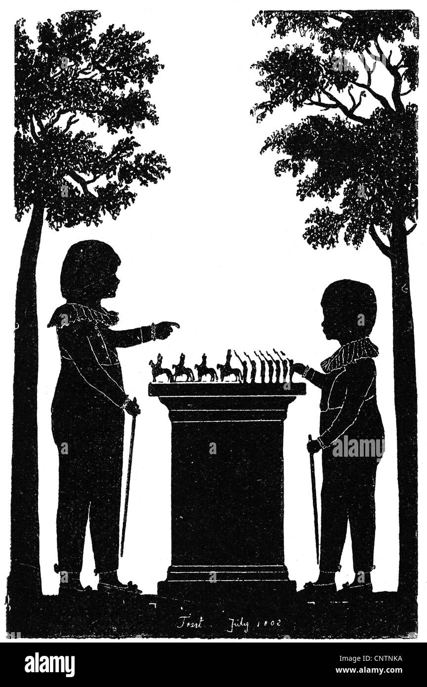 Frederick William IV, 15.10.1795 - 2.1.1861, King of Prussia 7.6.1840 - 26.10.1858, with his brother Prince William (I), playing with tin soldiers, silhouette, 1800, Stock Photo