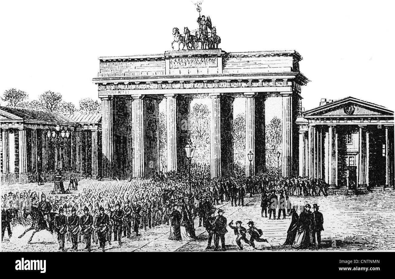 geography / travel, Germany, Berlin, Brandenburg Gate, built 1788 - 1791 by Carl Gotthard Langhans, wood engraving, late 19th century, scene: soldiers return from the changing of the guard at the castle, military, Prussia, ceremony, ceremonies, 18th century, gate, gates, soldier, soldiers, Central Europe, Europe, building, buildings, architecture, historic, historical, people, Additional-Rights-Clearences-Not Available Stock Photo