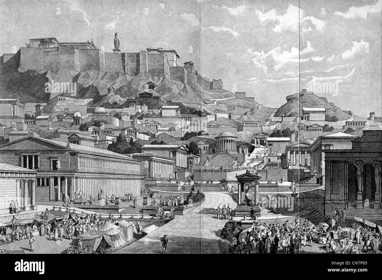 geography / travel, Greece, Athens, agora, view, 2nd century BC reconstruction, wood engraving after drawing by G. Rohleder, 1893, Additional-Rights-Clearences-Not Available Stock Photo