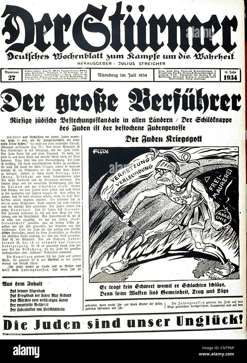 National Socialism / Nazism, propaganda, press / media, 'Der Stuermer', Nuremberg, July 1934, front page, headline: 'The great deluder', caricature 'The Jewish god of war', Additional-Rights-Clearences-Not Available Stock Photo