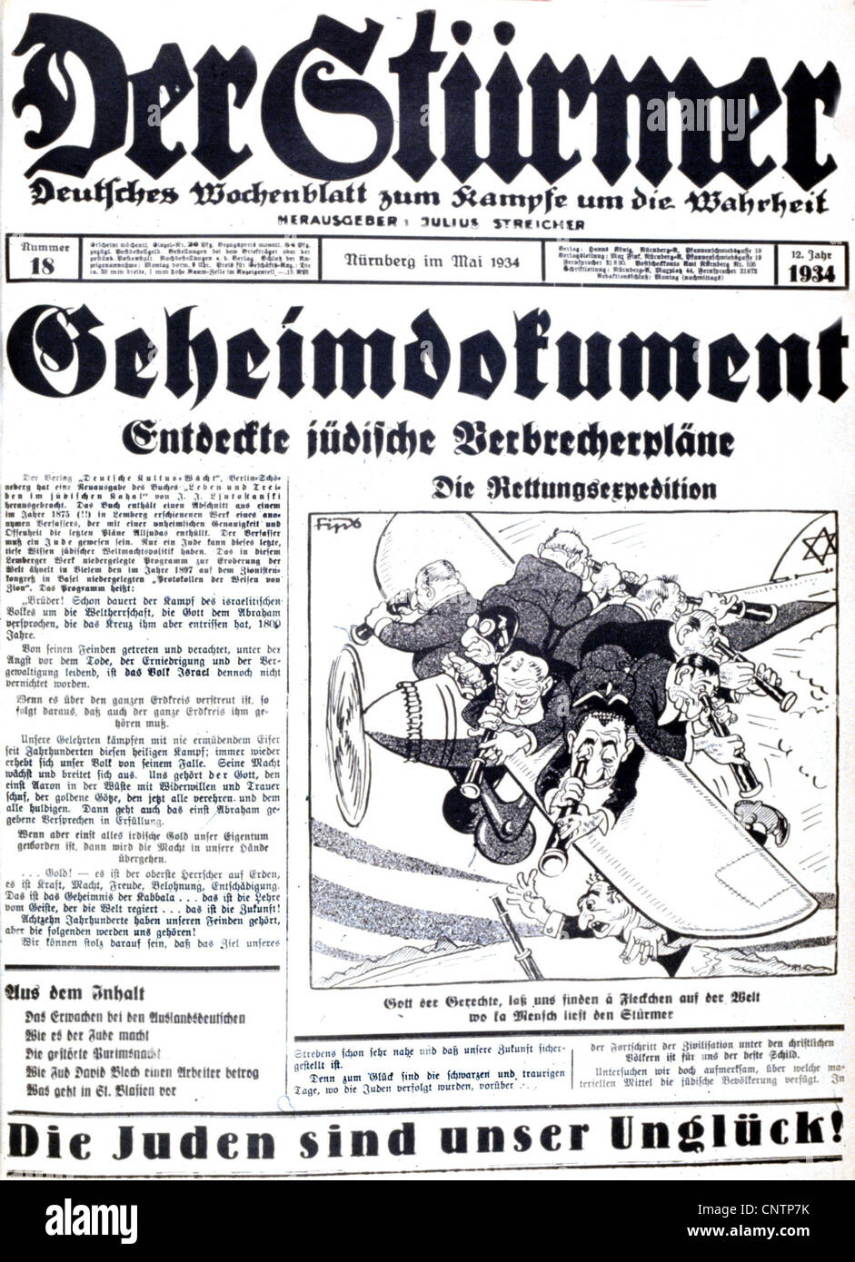 National Socialism / Nazism, propaganda, press / media, 'Der Stuermer', No. 18, May 1934, front page, headline 'Secret Documents - Jewish criminal plans discovered', caricature: 'The Rescue Expedition', drawing by Fips, Additional-Rights-Clearences-Not Available Stock Photo
