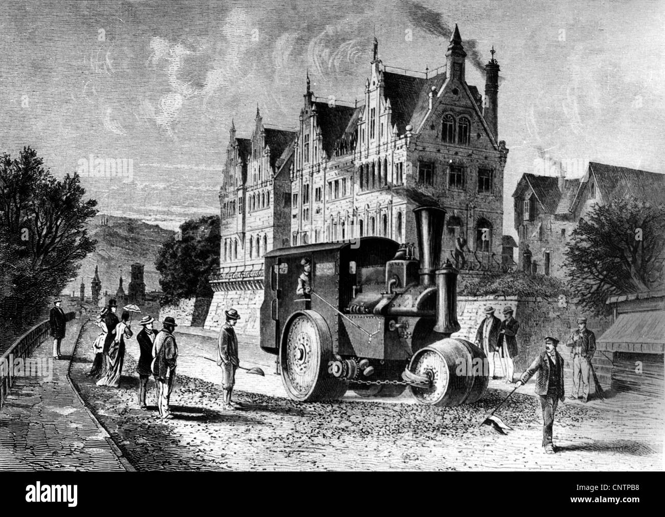 transport / transportation, road construction, steamroller in Stuttgart, Germany, wood engraving after drawing by F. Faller, 19th century, steam roller, technology, industrialization, industrialisation, rollers, construction site, vehicle, vehicles, historic, historical, people, Additional-Rights-Clearences-Not Available Stock Photo