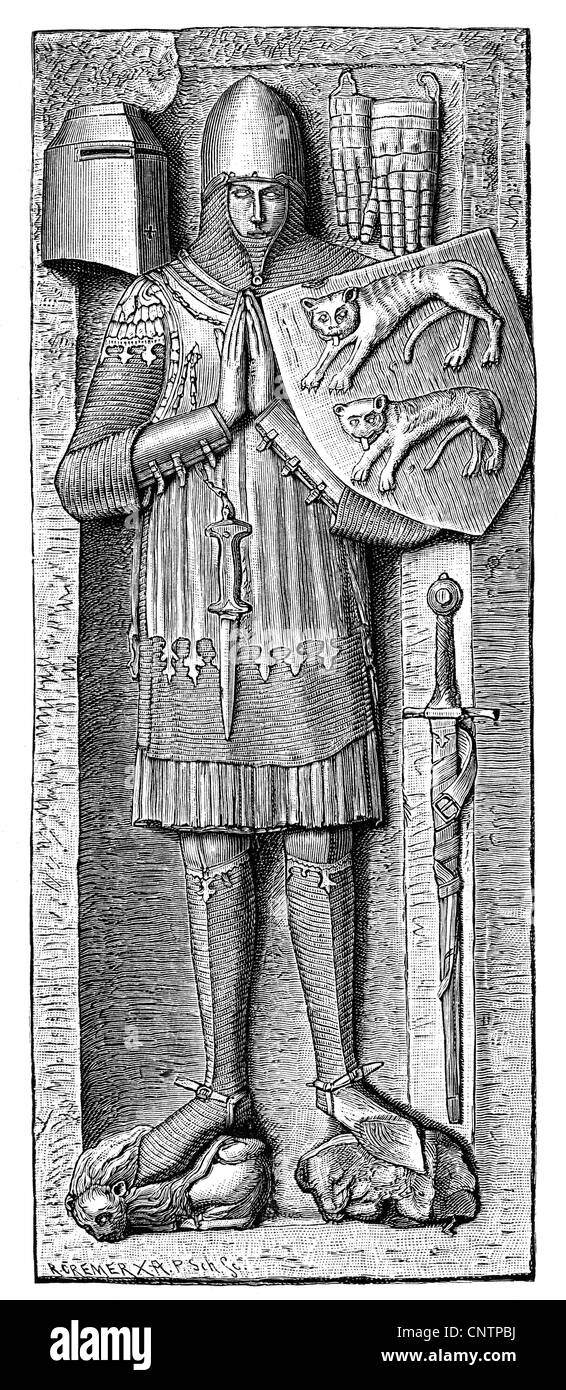 Middle Ages, knights, gravestone of a lord of Hohenlohe, 13th century, wood engraving by R. Cremer, 19th century, shield, shields, coat of arms, armour, armor, praying, pray, grave, graves, tombstone slab, death, historic, historical, tomb, tombs, medieval, people, Additional-Rights-Clearences-Not Available Stock Photo