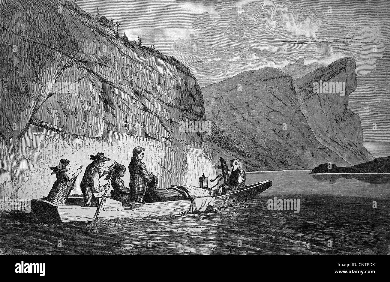 Grave ride on a lake in Upper Austria, historical woodcut, circa 1870 Stock Photo