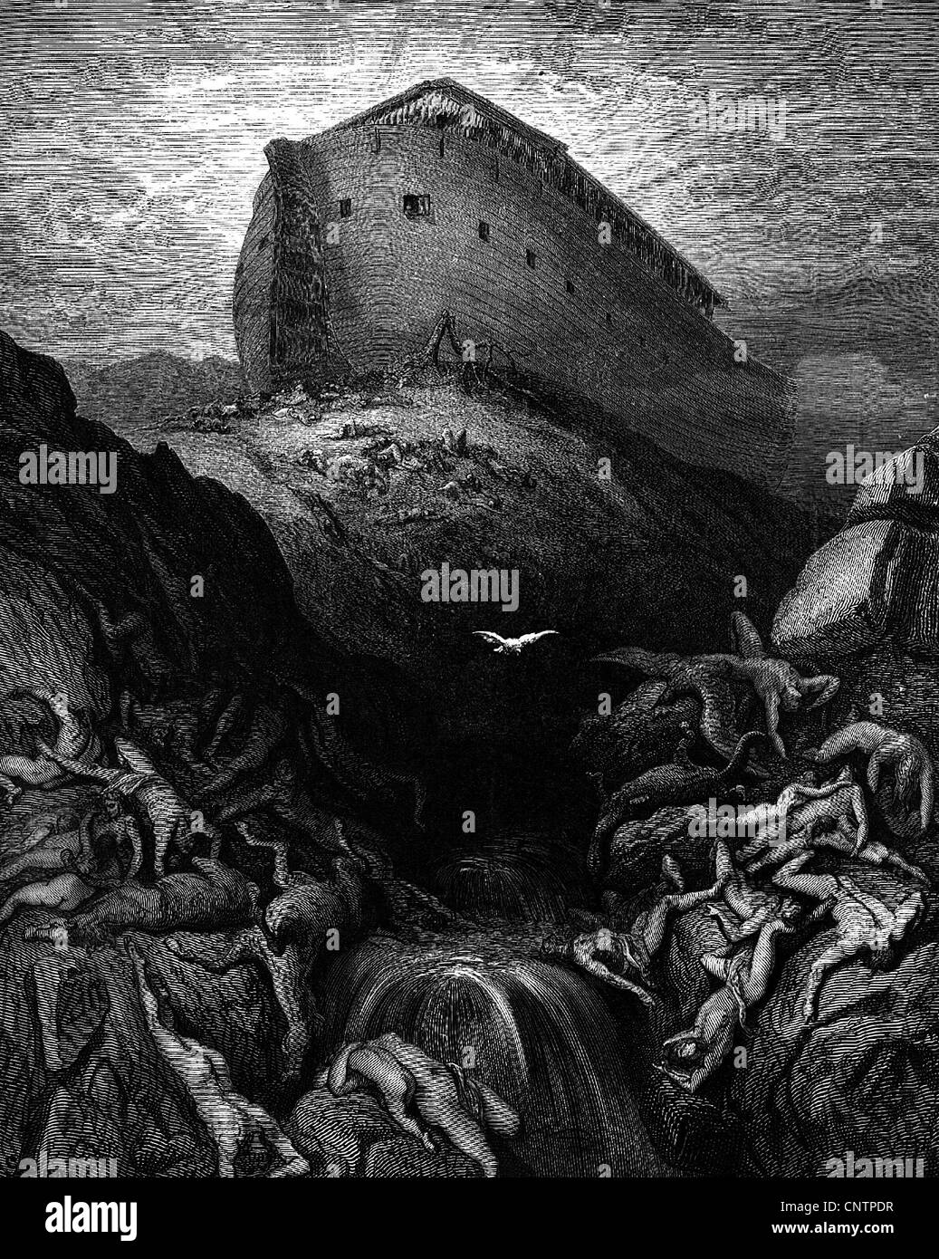 religion, Noah's Ark in the mountains of Arafat, illustration by Gustave Dore, wood engraving, 19th century, Flood, Deluge, dove, bible, biblical scene, scenes, death, dead bodies, corpses, sinners, punishment, ship, historic, historical, people, Artist's Copyright has not to be cleared Stock Photo