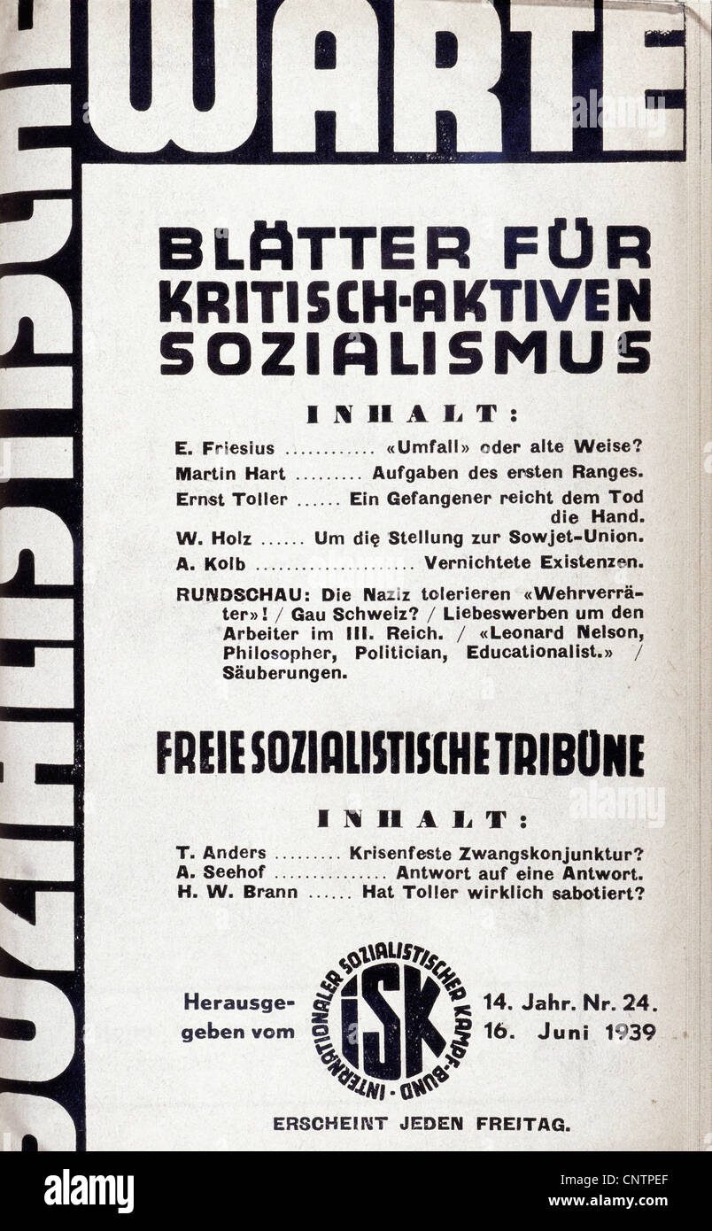 National Socialism / Nazism, resistance, press / media, 'Sozialistische Warte' (Socialist Look-Out), 16.6.1939, edited by Internationaler Sozialistischer Kampfbund (International Socialist Militant League), Additional-Rights-Clearences-Not Available Stock Photo