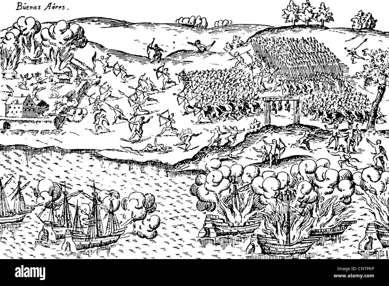 geography / travel, Argentina, Buenos Aires, the city under siege by Indians, copper engraving from itinerary by Ulrich Schmidl (1510 - circa 1580), Schmidel, fight, fighting, 16th century, military, attacking, attack, historic, historical, sailing ships, South America, people, Artist's Copyright has not to be cleared Stock Photo