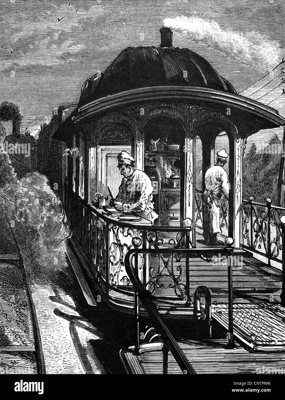 transport / transportation, railway, interior, kitchen of a train restaurant, Pullman coach, Great Britain, wood engraving, 19th century, historic, historical, train ride, train rides, train journey, train journeys, driving, dining carriage, diner, buffet carriage, dining carriages, diners, buffet carriages, railway carriage, railway carriages, gastronomy, service, services, foods, meals, catering, restaurant, restaurants, rail, travel by rail, rail, train, trains, railway, railroad, railways, railroads, carriage, carriages, people, Additional-Rights-Clearences-Not Available Stock Photo